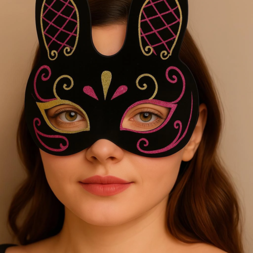 Siyah Renk Kırmızı Gold Simli Siyah Süet Kaplama Tavşan Maskesi 18x16 Cm