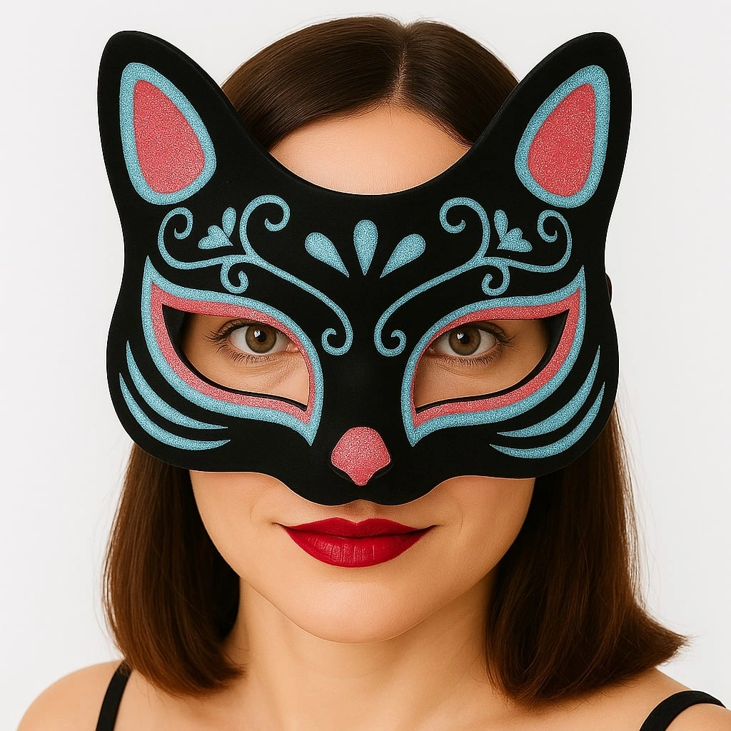 Siyah Renk Süet Kaplama Üzeri Mavi Kırmızı Simli Kedi Maskesi 17x14 Cm
