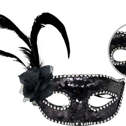 Siyah Renk Yandan Tüylü Güllü Gümüş Taşlı Pullu Maske 20x22 Cm