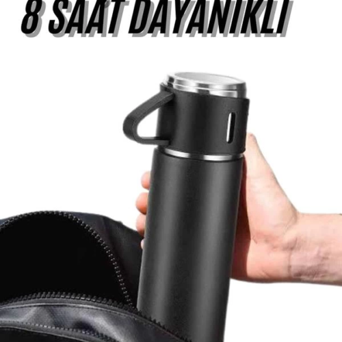 Termos Seti 3'lü Bardak Seti Isı Dayanıklı Siyah Paslanmaz Çelik Vakumlu