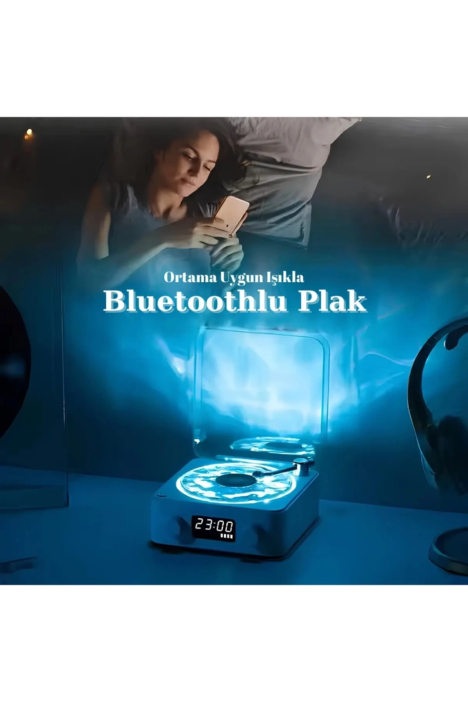 Waves Nostalji Plak Görünümlü Bluetooth Hoparlör 3d Ses Dalgası Retro Müzik Plak Mavi - Görsel 3