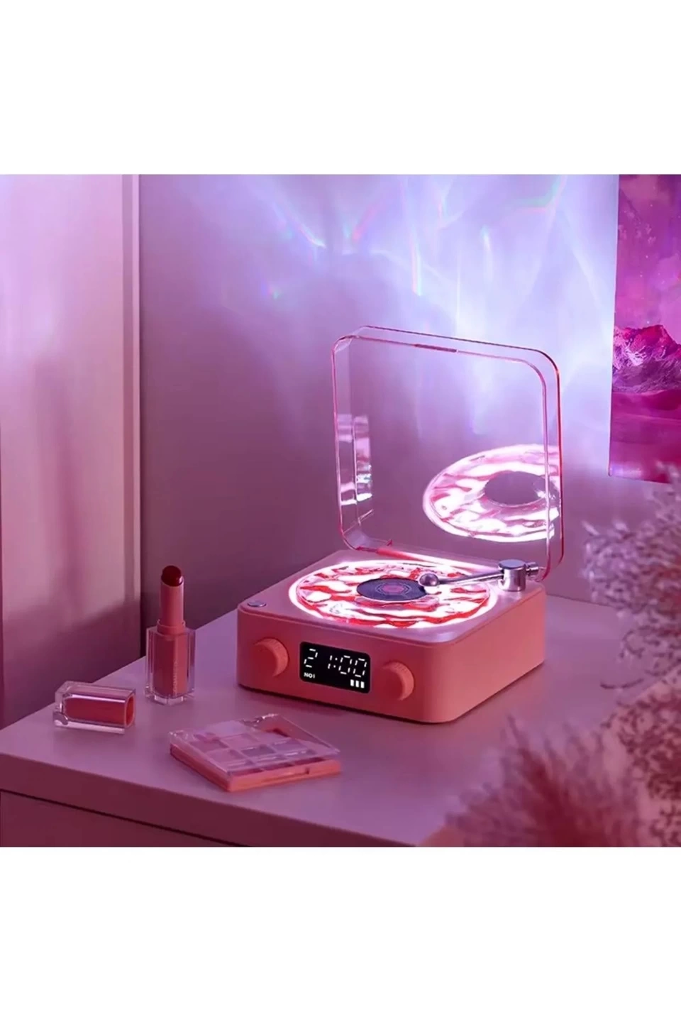 Waves Nostalji Plak Görünümlü Bluetooth Hoparlör 3d Ses Dalgası Retro Müzik Plak Pembe - Görsel 3