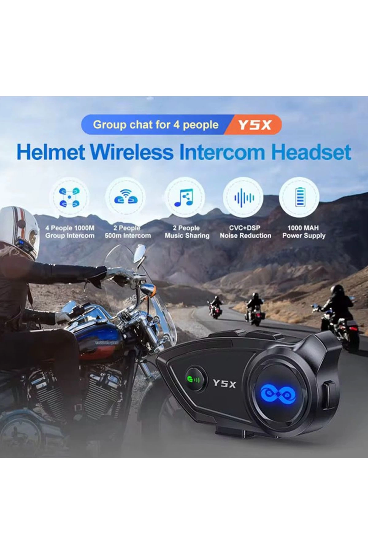 Y5x Rgb Işıklı Intercom 5 Kişi Bağlantılı 1000mah Motosiklet Bluetooth Kulaklık Seti