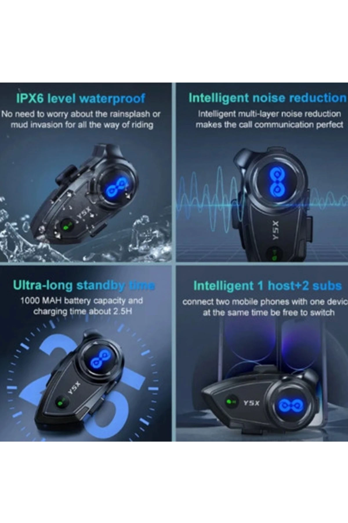 Y5x Rgb Işıklı Intercom 5 Kişi Bağlantılı 1000mah Motosiklet Bluetooth Kulaklık Seti - Görsel 3