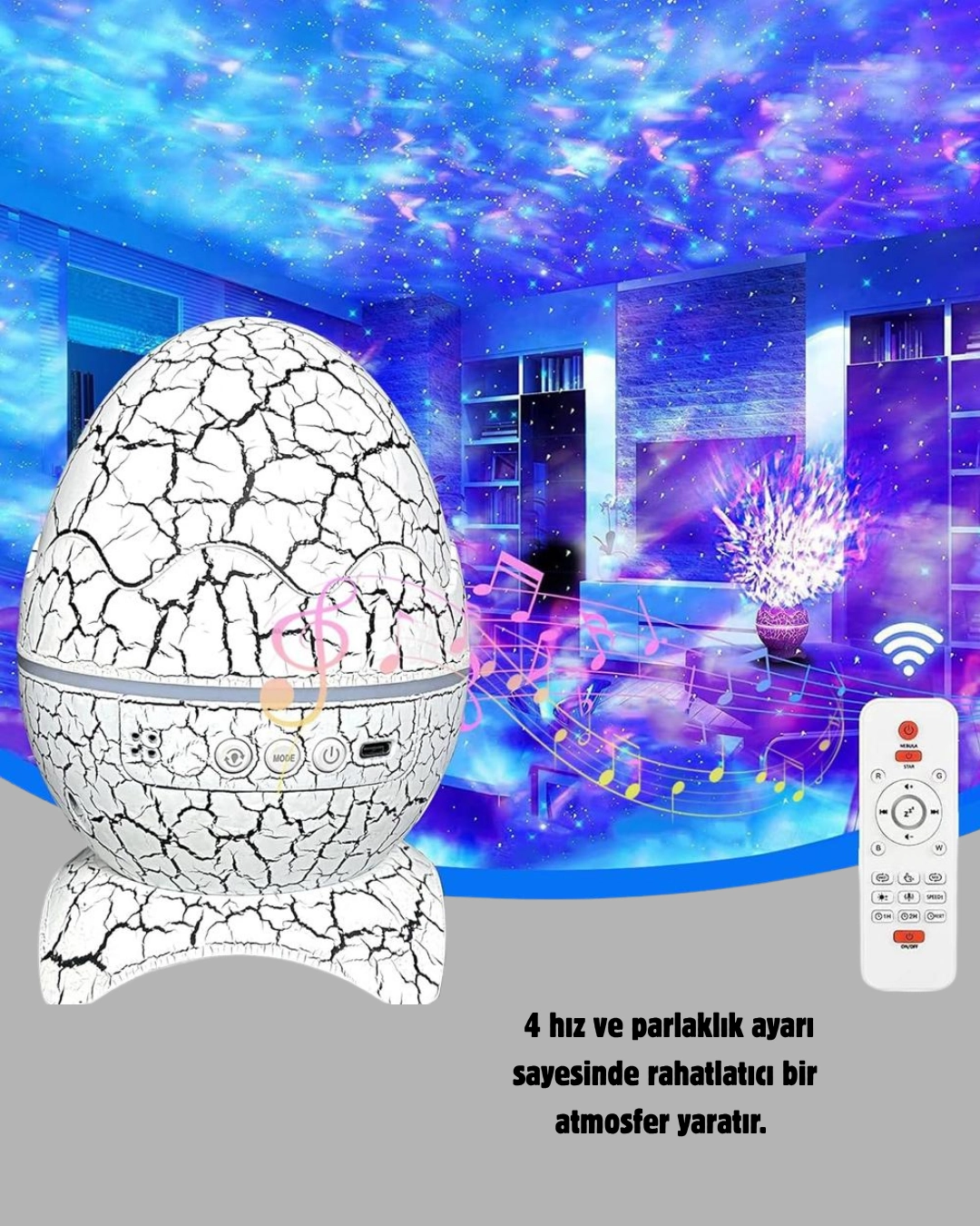 Yildizli Gokyuzu Dinozor Yumurta Projektor Ayarlanabilir Parlaklik Ve Hiz 339485883 Sw1080sh1350 700x875 Yıldızlı Gökyüzü Dinozor Yumurta Projektör – Ayarlanabilir Parlaklık ve Hız najmaddin.com 14 farklı renk seçeneğiyle duvarlarınıza ve tavanınıza büyüleyici bir yıldızlı gökyüzü atmosferi yansıtıyor. Yüksek çözünürlüklü projeksiyon teknolojisi sayesinde nebula ve yıldız ışıkları