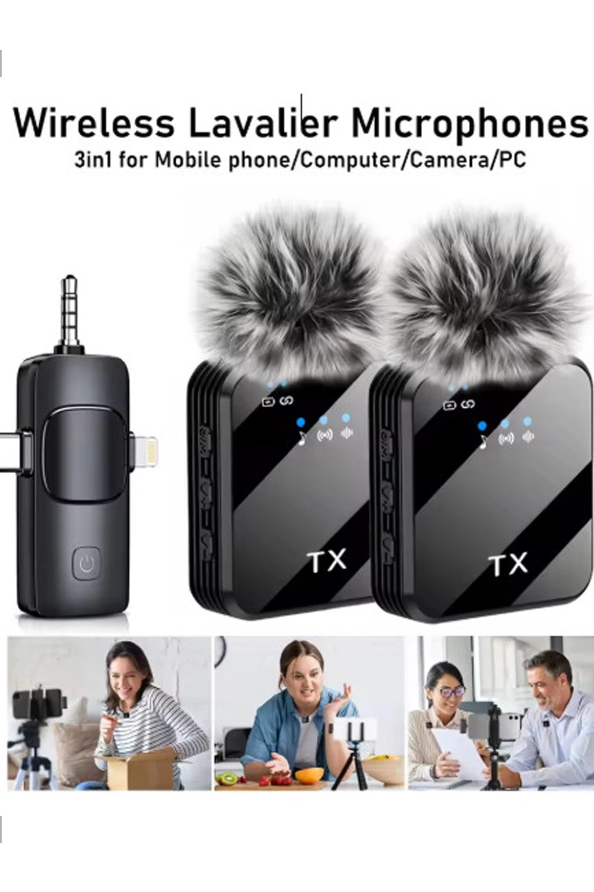 Yüksek Kalite Profesyonel 3 In 1 Kablosuz Taşınabilir Yaka Mikrofonu Tüylü - Görsel 3