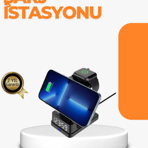 4’ü 1 Arada Kablosuz Şarj İstasyonu – LED Saat Ekranlı