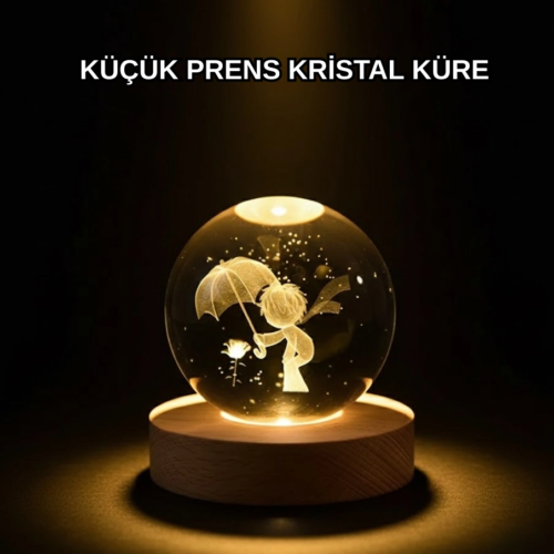 8 cm Küçük Prens 3D Kristal Küre USB Işıklı Ahşap Altlıklı Dekoratif Lamba