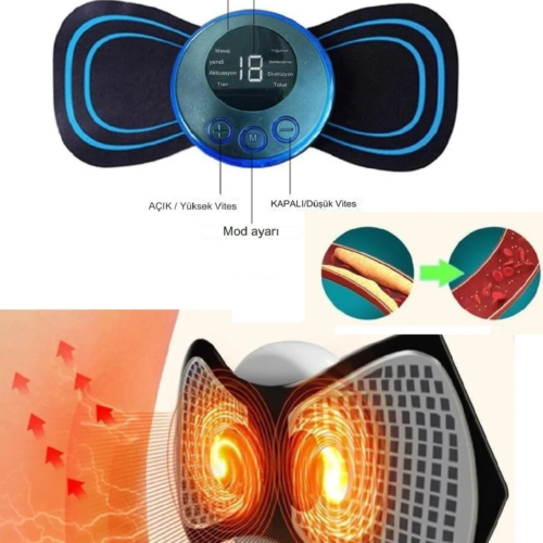8 Modlu Mini Şarjlı Kelebek LCD Ekran Ems Boyun Omuz Kol Sırt Elektrikli Masaj Bantı Kas Stimülatörü