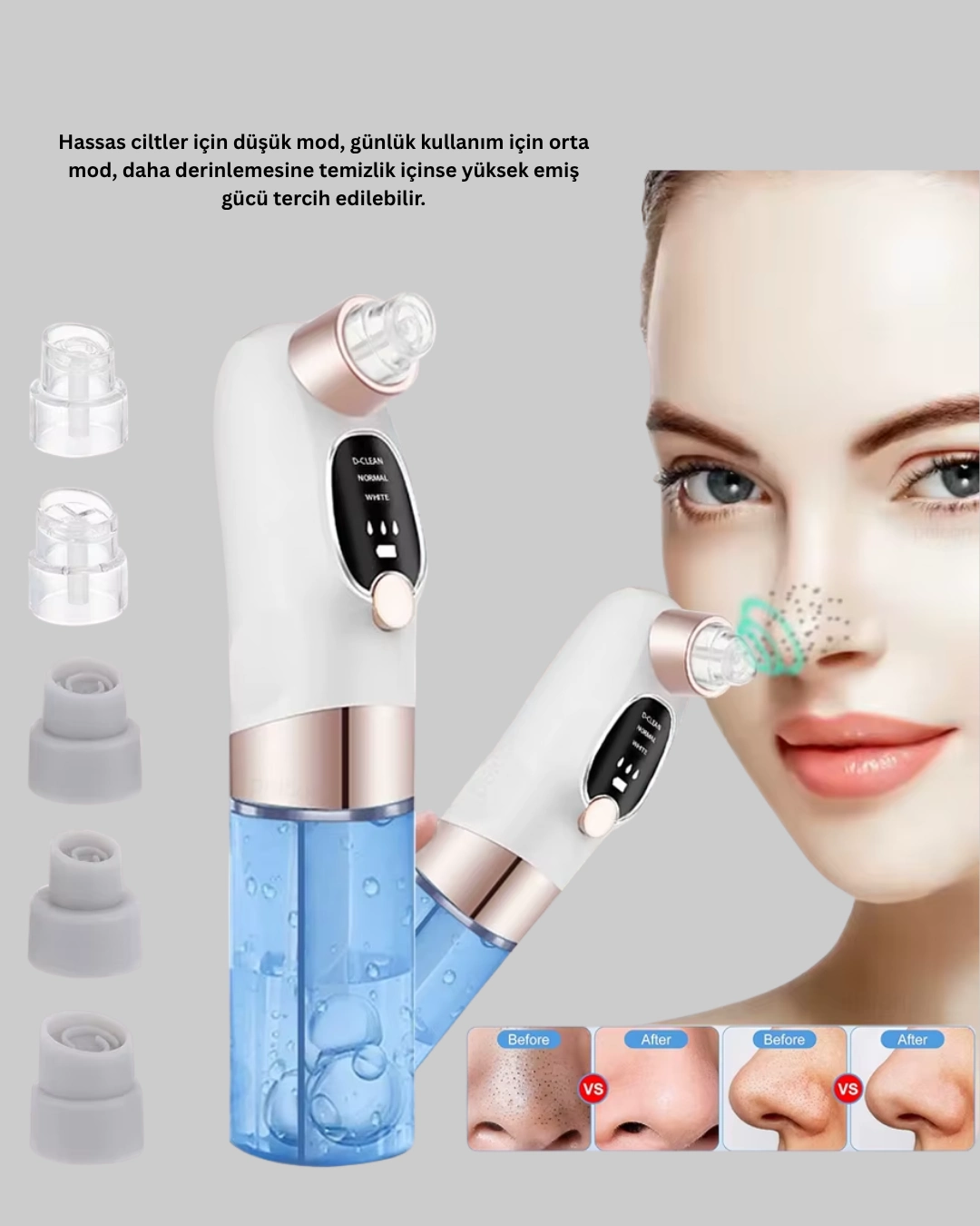 farklı cilt tiplerine uygun 3 kademe emiş gücüyle etkili bir bakım deneyimi sunar. Hassas ciltler için düşük seviye