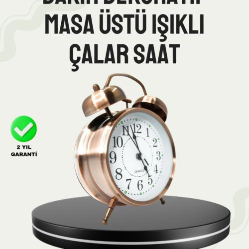 Nostaljik Büyük Boy Metal Masa Saati Bronz Kaplama ve Yüksek Sesli Alarm