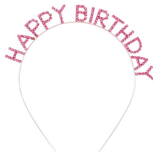 Pembe Kristal Taşlı Gold Happy Birthday Taçı
