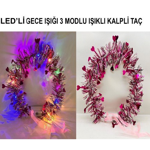562741435790 3 500x500 1 Kalp Püsküllü Gece Parıltısı 3 Modlu LED'li Işıklı Taç Fuşya Renk najmaddin.com sadece bir aksesuar değil