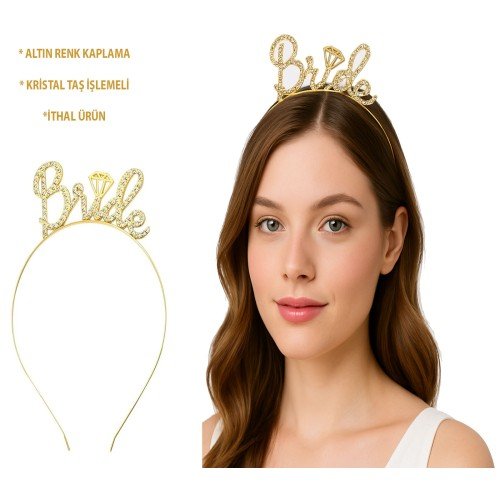 Altın Renkli Taşlı “Bride” Gelin Tacı – El Yazısı Yazı Tipiyle