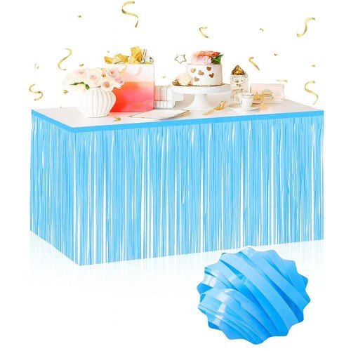 Kendinden Yapışkanlı Makaron Mavi Püsküllü Masa Eteği – 75 x 275 cm Parti Süslemesi