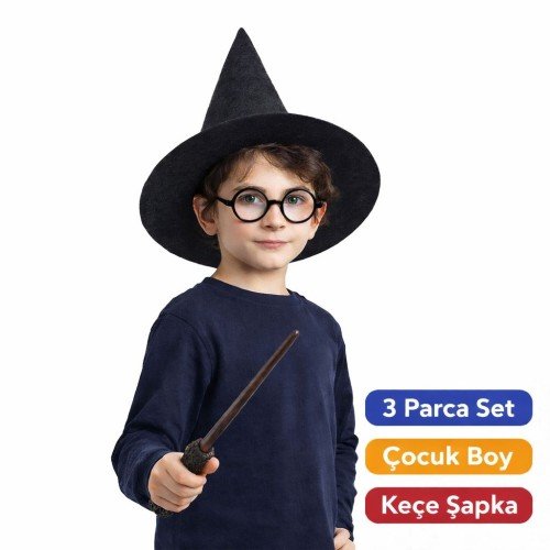 Harry Potter Tarzı Çocuk Seti (Siyah Keçe Şapka