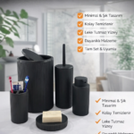 5li Siyah Çizgili 5 Parça Banyo Seti Yuvarlak Çöp Kovası Tuvalet Fırçası Sabunluk Diş Fırçalık