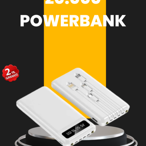 Led Işıklı 20.000mah Powerbank Lcd Gösterge Dahili Çoklu Kablo