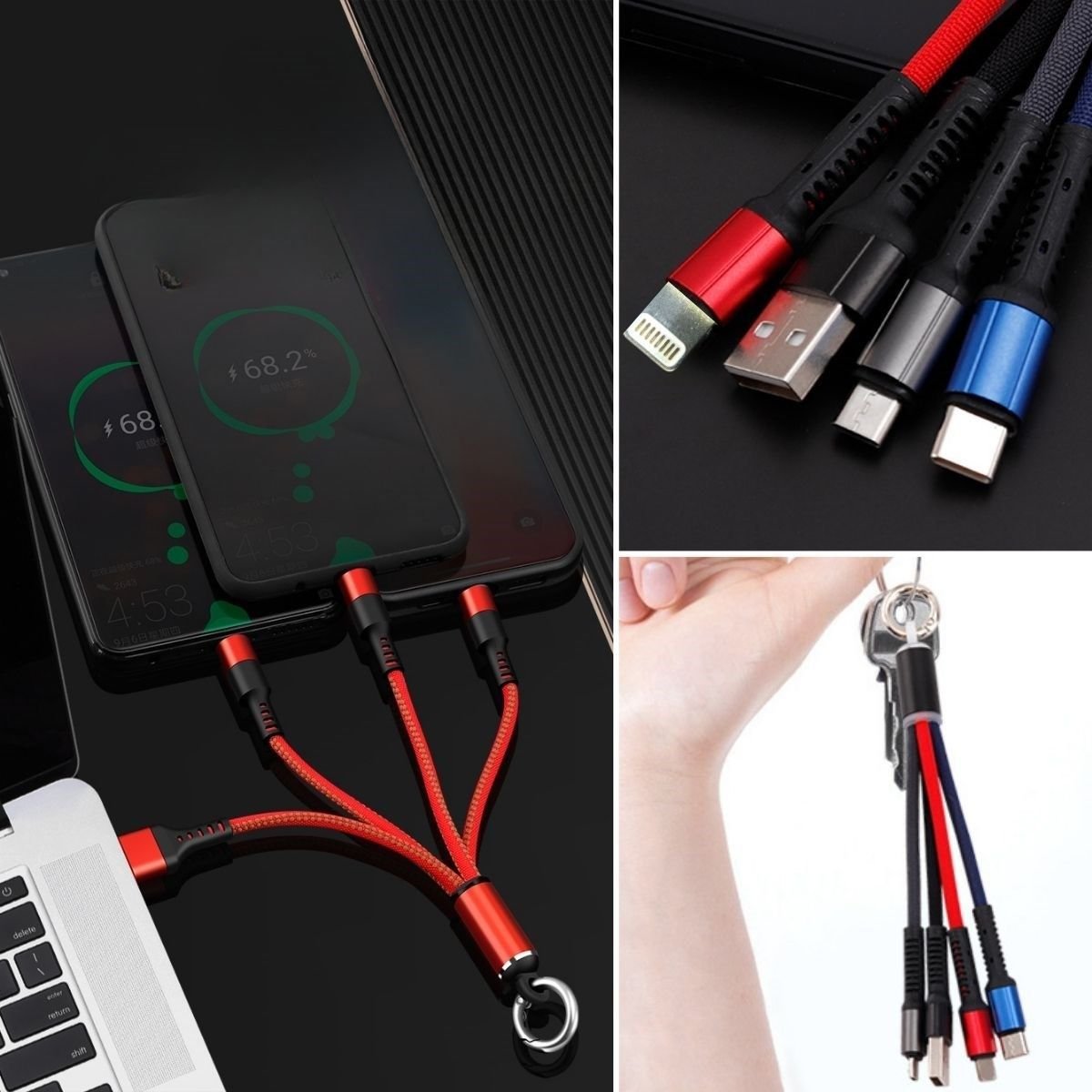 Işıklı Anahtarlık Model 3 in 1 USB Çıkışlı MİKRO,TYPE-C ve İphone Uyumlu Şarj Kablosu - Görsel 4