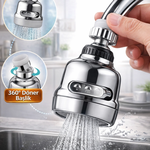 Krom 3 Fonksiyonlu 360° Döner Su Tasarruflu Musluk Başlığı Sıçrama Önleyici Batarya Ucu