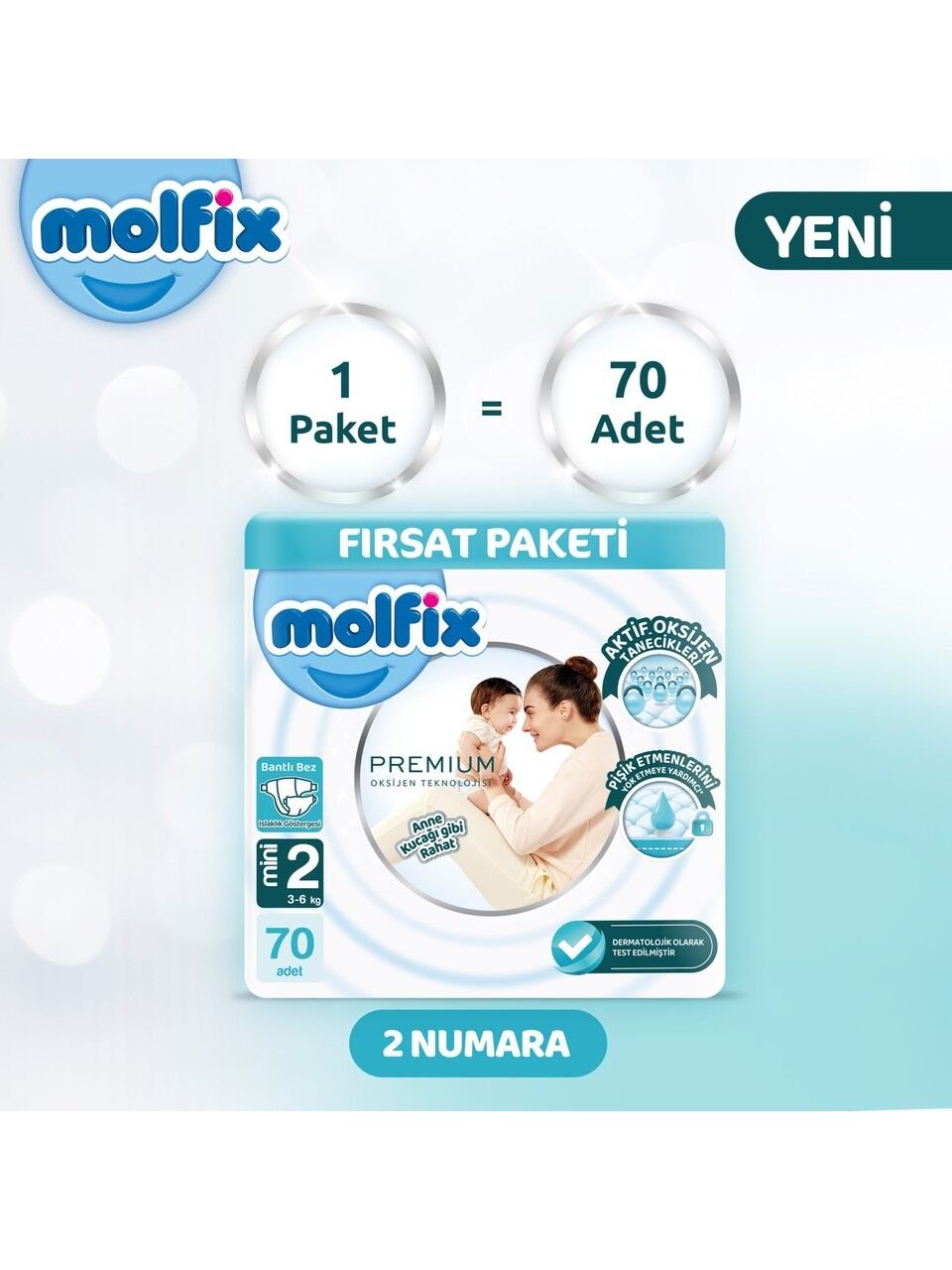 bebeklerin konforu ve ihtiyaçlarına yönelik yapılan araştırmalar göz önünde bulundurularak geliştirilmiştir.Molfix Premium’un içeriğindeki aktif oksijen tanecikleri idrarla buluştuğu anda aktif hale gelir.Böylece idrarın içerisindeki zararlı bileşenlere etki ederek bebeğin cildine zarar vermesini önlemeye yardımcı olur.Molfix Premium Oksijen Teknolojisi