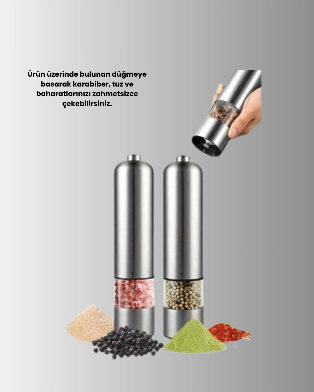 Pilli Baharat Degirmeni Karabiber Tuz Ve Baharat Ogutucu 395182060 Sw1080sh1350 700x875 Pilli Baharat Değirmeni Karabiber Tuz ve Baharat Öğütücü najmaddin.com günlük mutfak işlerini kolaylaştırır. 4 adet AA pil ile çalışan ürün