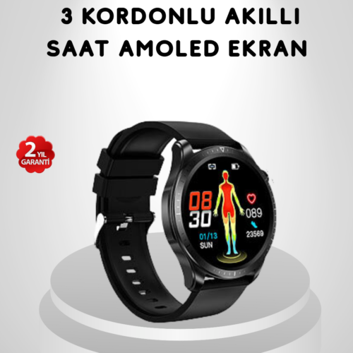 AMOLED Ekranlı Akıllı Saat – 3 Kordon Seçenekli