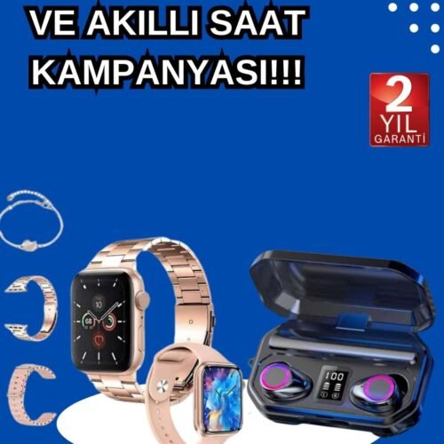 Kadınlar İçin 3 Kordonlu Akıllı Saat ve Dijital Göstergeli Powerbankli Bluetooth Kulaklık Dokunmatik Kontrol