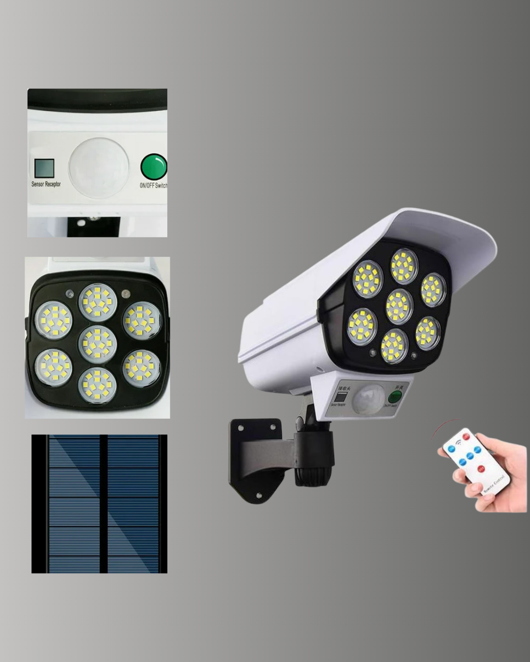 10 73 700x875 3 Modlu Güneş Paneli Aydınlatmalı Dış Mekan Güvenlik Işığı – IP65 Su Geçirmez, PIR Sensörlü najmaddin.com 77 LED ışık kaynağı ve güvenlik kamerası tasarımıyla hem aydınlatma hem de caydırıcı güvenlik çözümü sunar. Gün boyunca entegre polisilikon güneş paneli (5.5V / 300mA) sayesinde enerjisini güneşten alır