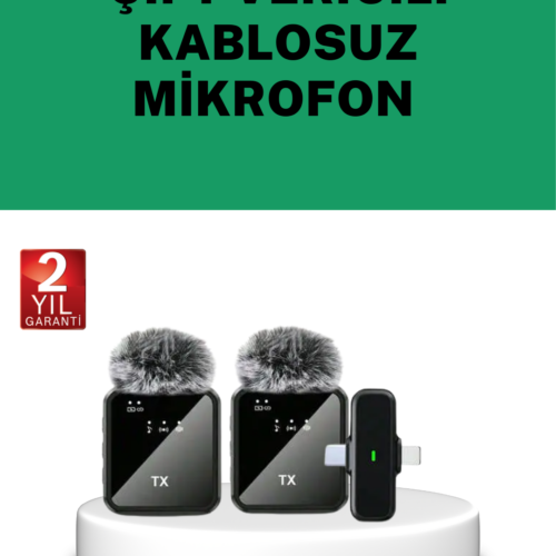 Canlı Yayın ve Video Çekimleri İçin Çiftli Kablosuz Yaka Mikrofon