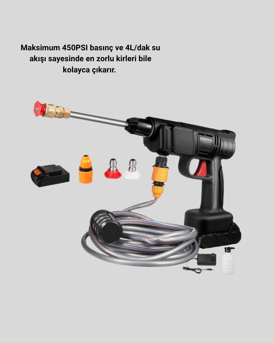 5 112 3 700x875 Taşınabilir Basınçlı Yıkama Makinesi – 5m Hortumlu, Köpük Şişeli, 48V Güçlü najmaddin.com Elektrik bağlantısı gerektirmeyen bu taşınabilir cihaz