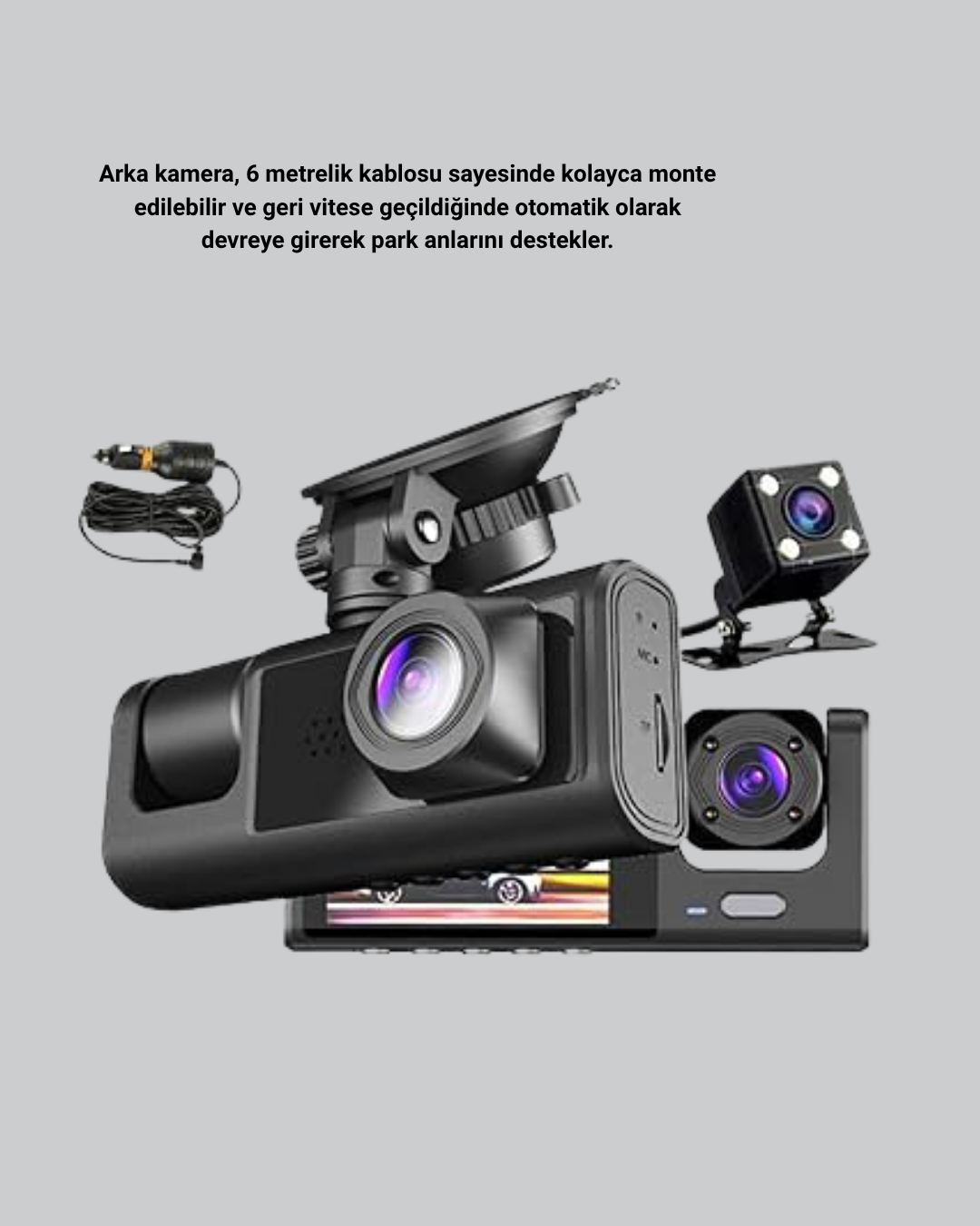 6 1 3 700x875 Üç Kameralı Araç İçi Kayıt Sistemi Full HD Gece Görüşlü ve G-Sensör Destekli najmaddin.com 720P arka kamera ve 120° iç kamera kombinasyonu ile aracınızın tamamını kapsar.