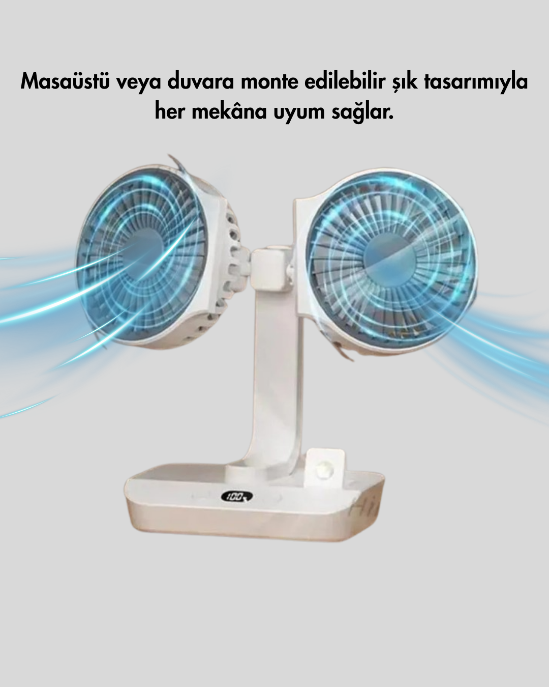 9 107 2 700x875 720° Döner Çift Taraflı Masaüstü Vantilatör – USB Şarjlı Sessiz Fan najmaddin.com havayı daha geniş bir alana taşırken sessiz motor teknolojisi 36 dB seviyesinde rahat bir kullanım sağlar. Fanın alt kısmında bulunan asma delikleri ve kancalar sayesinde hem masaüstünde hem de duvara monte ederek kullanabilirsiniz. Uzatılmış pil ömrü