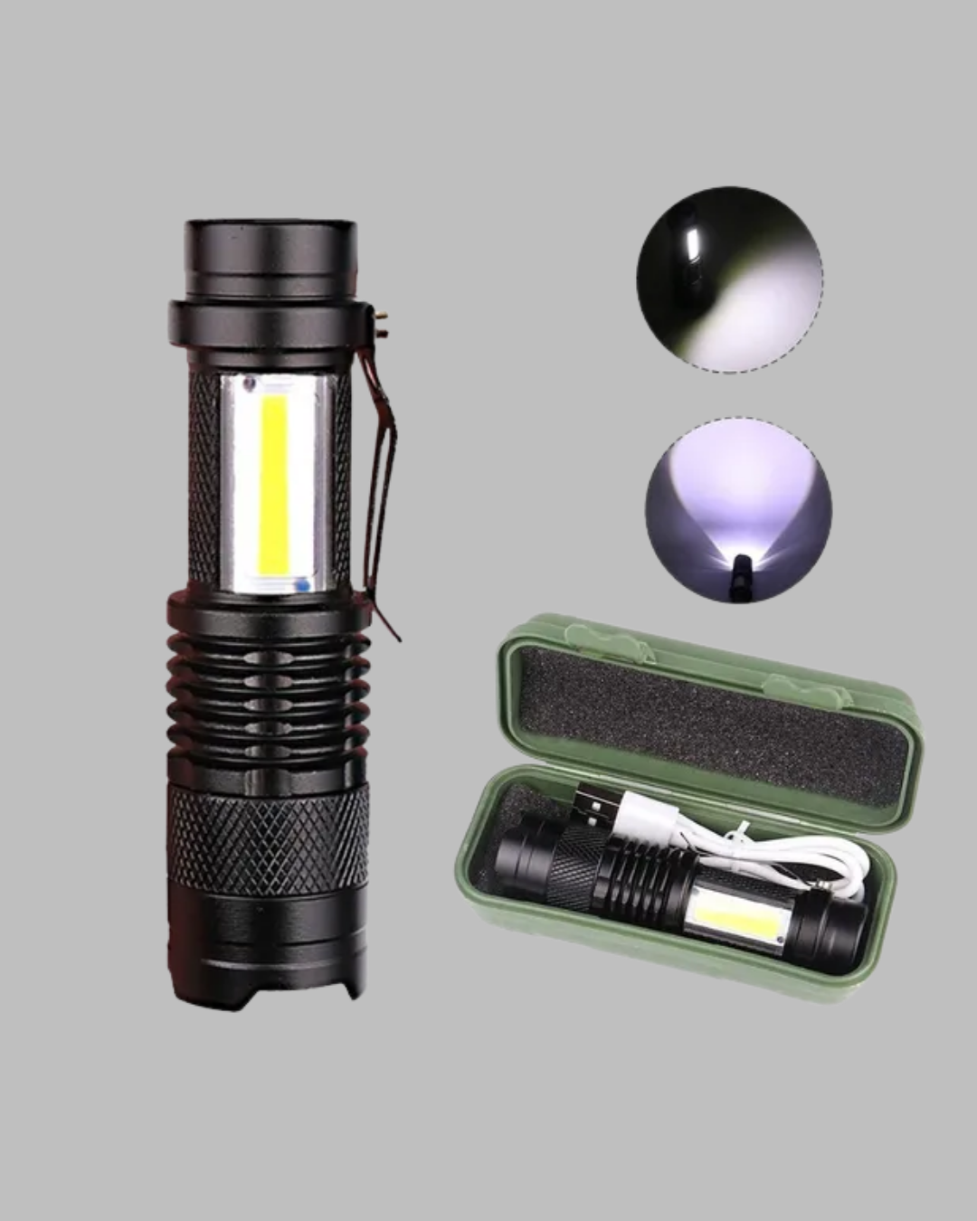 9 154 2 700x875 Odak Ayarlı 2000 Lümen Şarjlı LED El Feneri najmaddin.com strobe ve COB) sayesinde her kullanım senaryosuna uygun bir seçenek sunar. Arka kısımdaki kuyruk düğmesi ile kolayca açılıp kapatılabilir. Taşıma klipsi