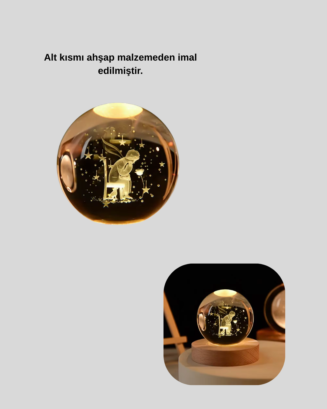9 63 2 700x875 8 cm Küçük Prens Cam Küre USB Işıklı Ahşap Tabanlı Dekor najmaddin.com romantik ve sakinleştirici bir ışık yayar.