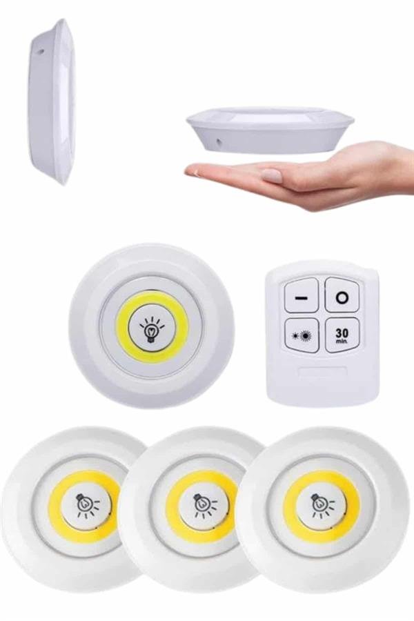 Yapiskanli 3lu Spot Led Isik Lamba Mon 40721c Yapışkanlı 3'lü Spot Led Işık Lamba Montajsız Pilli Uzaktan Kumandalı najmaddin.com gardırop
